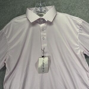 Collars & Co Dress Collar Polo Shirt Mens Large Pink Check Performance Stretch